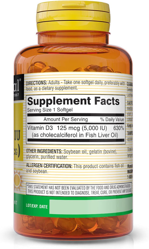 MASON NATURAL Vitamin D3 125 mcg (5000 IU) - Supports Overall Health, Strengthens Bones, 50 Softgels (Pack of 3)