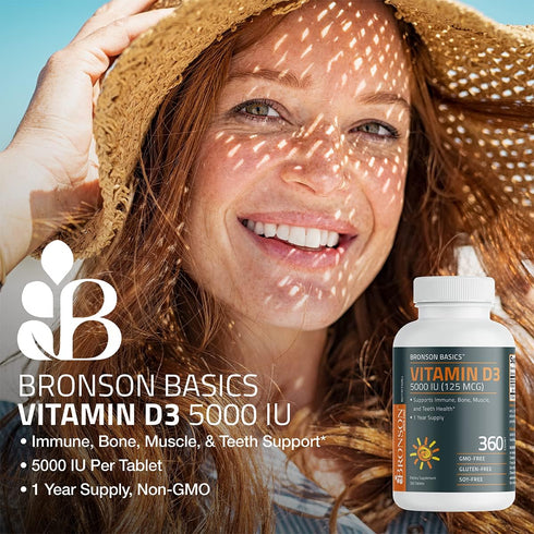 Bronson Vitamin D3 5,000 IU (125 MCG), 360 Tablets, 1 Year Supply for Healthy Muscle Function and Immune Support