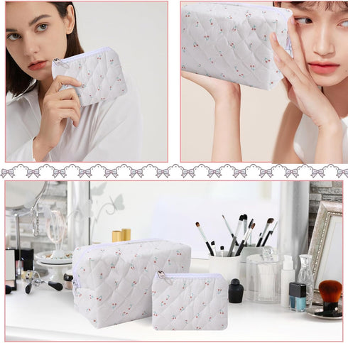 LYDZTION 2Pcs Cute Quilted Makeup Bag for Women, Coquette Cherry Makeup Bag with Purse Pouch, Travel Essentials
