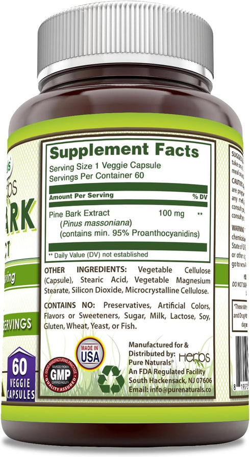 Pure Naturals Pine Bark Extract Supplement | 100 Mg Per Serving | 60 Veggie Capsules | Non-GMO, Gluten Free, Made in USA