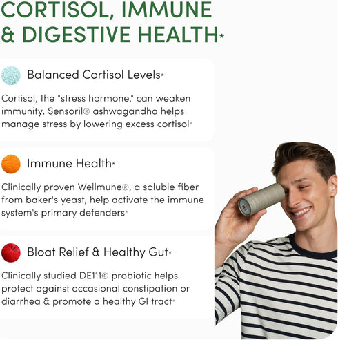 Immune DE111, Immunity, 60 Ready To Defend & Gut Support Spore Probiotic Beta Glucan, Ashwagandha Supports Gut Health