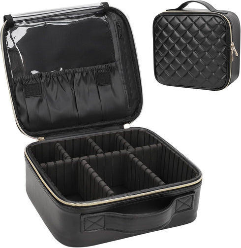 Relavel Makeup Bag, Travel Cosmetic Train Case Organizer, Portable Storage Bag with Adjustable Dividers, Black