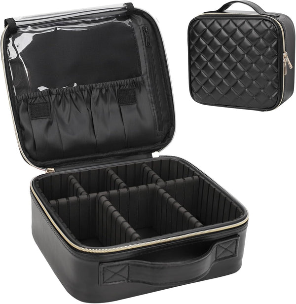 Relavel Makeup Bag, Travel Cosmetic Train Case Organizer, Portable Storage Bag with Adjustable Dividers, Black