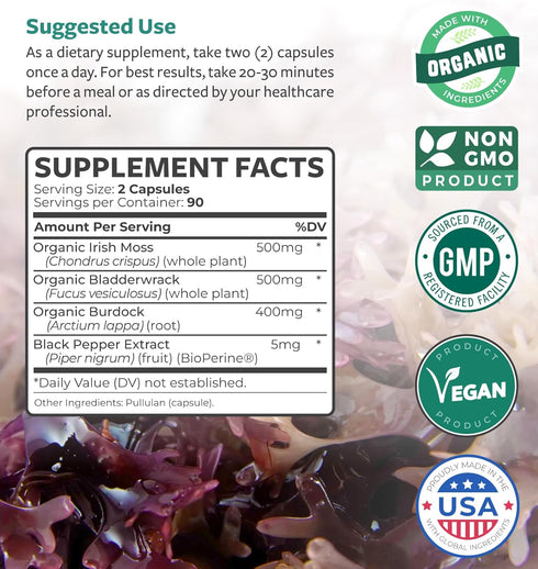 Irish Sea Moss Capsules - 180 Capsules, Organic Irish Seamoss with Bladderwrack & Burdock for Extra Absorption