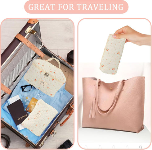 3Pcs Floral Quilted Makeup Bag Set, Aesthetic Large Capacity Travel Bags
