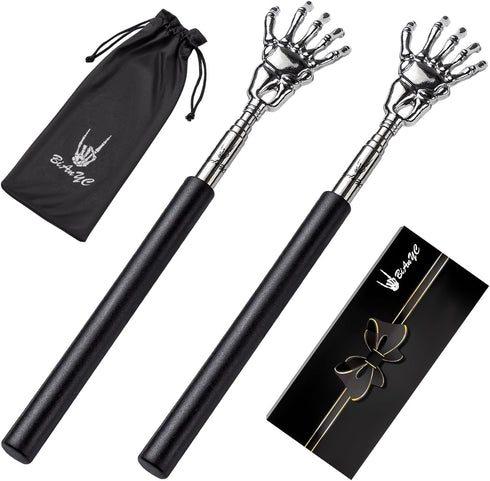 2-Pack Skeleton Hand Back Scratcher, Portable Extendable Telescopic Massager with Soft Rubber Handles (Black)