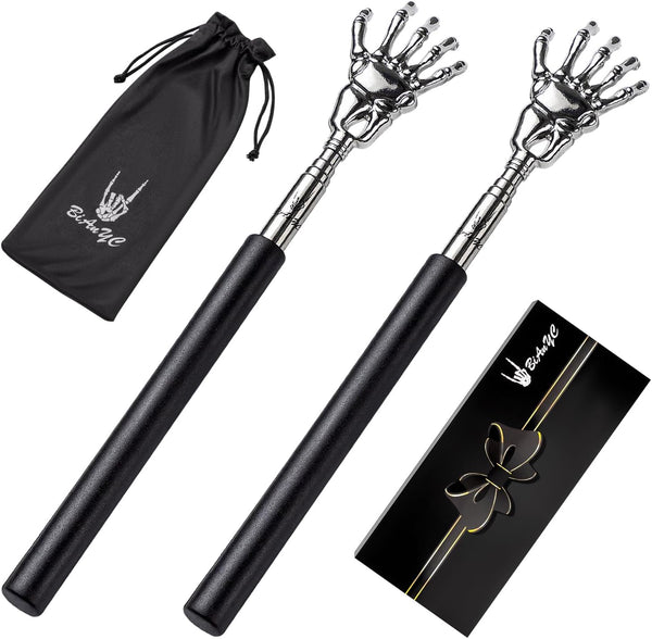 2-Pack Skeleton Hand Back Scratcher, Portable Extendable Telescopic Massager with Soft Rubber Handles (Black)