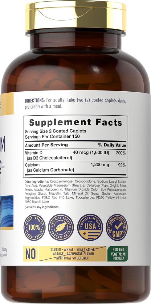 Carlyle Calcium 1200mg with Vitamin D3 | 300 Caplets | Non-GMO, Gluten Free, and Vegetarian