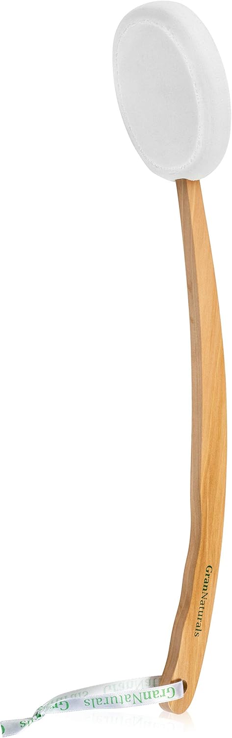 Lotion Applicator for Back, Legs, Feet - Sunscreen Applicator, Long Curved Wooden Handle Body Brush