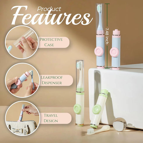 VONMAOGU 2 Pack Set Foldable Travel Toothbrush with Refillable Toothpaste Tube, Portable Folding Toothbrush Built