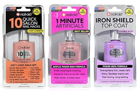 Nail-Aid 3pk of 10 Quick Hacks + 1 Minute Artificials + Iron Shield Top Coat, Clear, 1.65 Fl Ounce