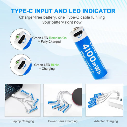 insziii 4100mWh 4 Pack, 1.5V 1200 Rechargeable Lithium AA Batteries USB Double A Lithium-ion Batteries AA Size, Long