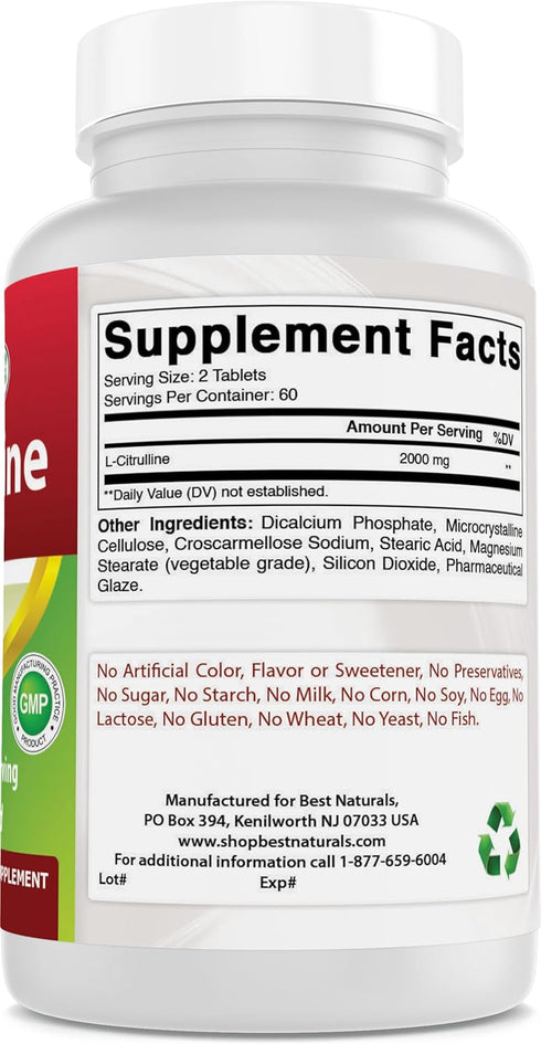 Best Naturals L-Citrulline 2000mg/Serving, Non-GMO, Gluten Free, 120 Tablets