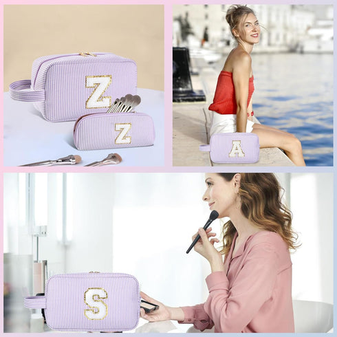 2pcs Personalized Initial Makeup Bag A-Z, Monogram Travel Toiletry Bag for Women & Teen Girls, Purple, E