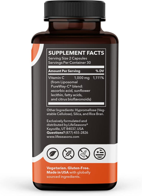 LifeSeasons Essentials Liposomal - Vitamin C Supplement - Supports Skin Heart & Boosts Immunity - Enhances Collagen Production - Antioxidants for Stress Relief - 60 Capsules