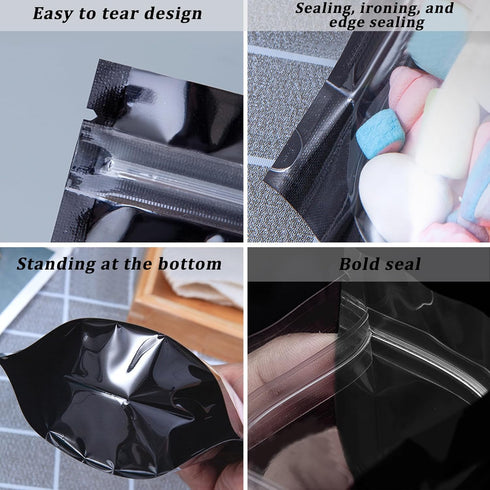 100PCS Resealable Mylar Food Storage Bags, Black Smell Proof Foil Pouches with Clear Front Window, 5.5x7.9 Inch