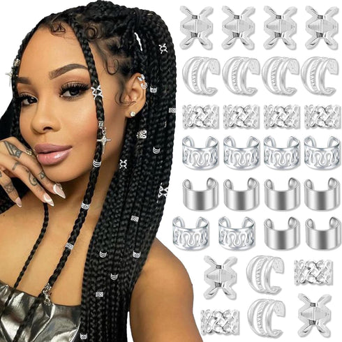 NAISKA Silver Hair Jewelry for Braids, 30PCS Dreadlock Accessories, Non-Piercing Ear Clips, Beard Beads
