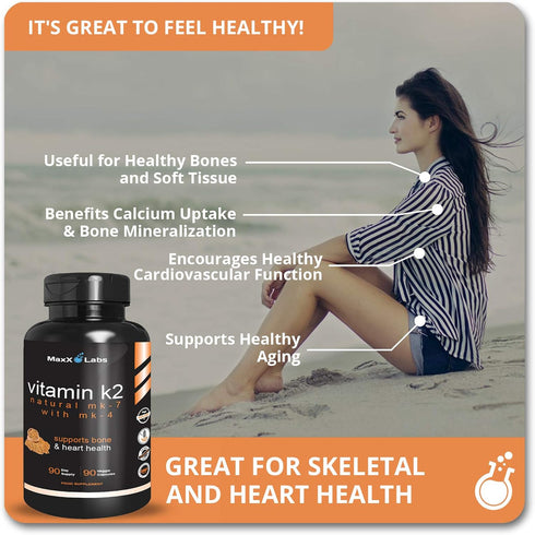 Vitamin K2 Supplement - High Strength K2 600mcg with Vitamin D - Full Spectrum K2-MK7, MK4 - Supports Bone Health - 90