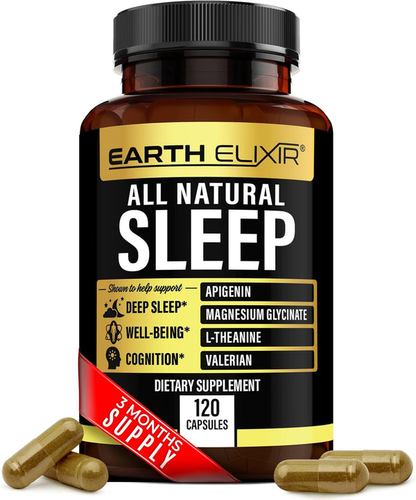 4-in-1 Sleep Aid (120 Caps) with Apigenin 50mg, Magnesium Glycinate 200mg, L Theanine 250mg & Valerian Root