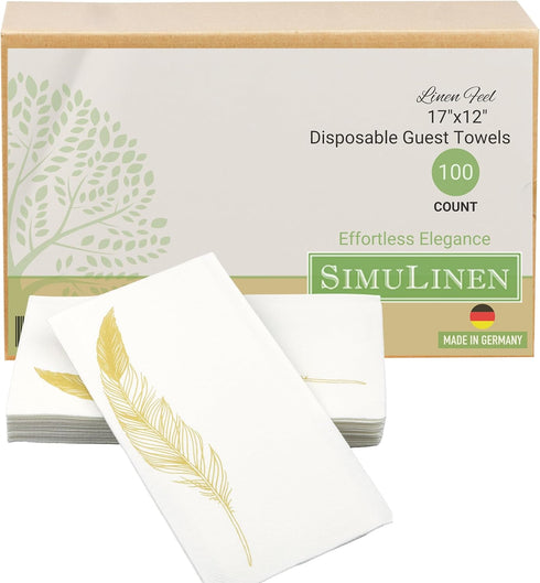 SimuLinen Paper Towels - Decorative Gold Feather Design Hand Towels for Bathroom, 12x17” (Pack of 100) Made in Germany