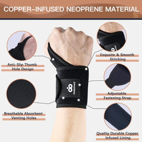 INDEEMAX 2 Pack Copper Wrist Brace Support for Carpal Tunnel, Pain Relief, Adjustable Compression Wraps, Black
