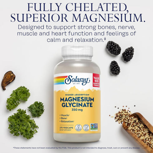 SOLARAY Magnesium Glycinate Capsules, Chelated Magnesium Supplement for Bones, Muscles, Heart Support, Vegan, 275 Count
