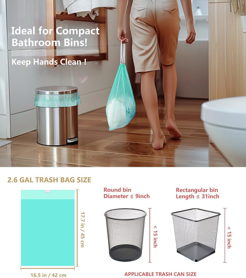 AYOTEE Small Trash Bags, 2 Gallon Drawstring Compostable Trash Bags, 50 Count Green Bathroom Waste Basket Liners