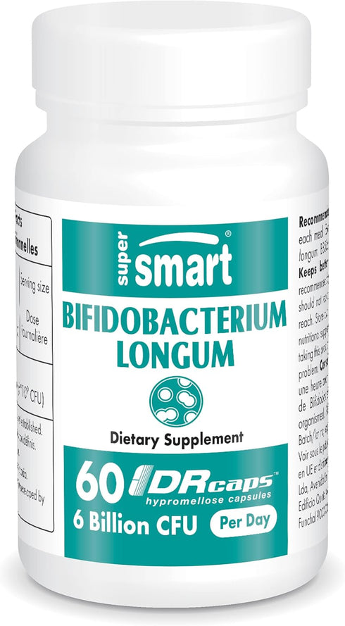 Supersmart Bifidobacterium Longum - 6 Billion CFU Probiotics & Prebiotics Supplement, Non-GMO & Gluten Free - 60 DR