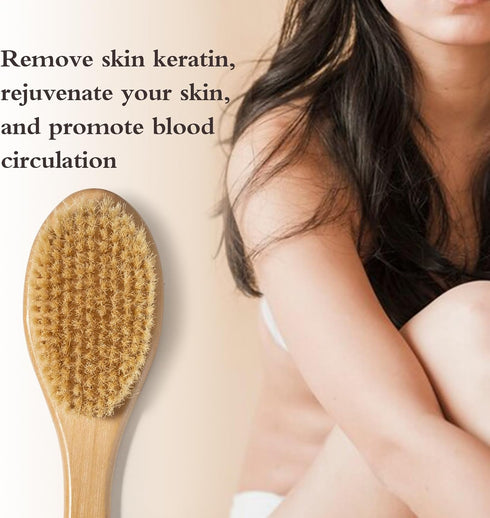 Bamboo Long Handle Back Scrubber Brush - Dry Body Scrubber for Skin, Blood Circulation, Cellulite Treatment