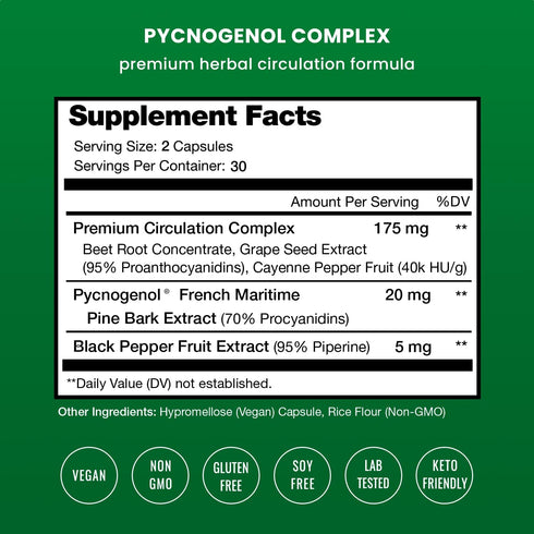 Pycnogenol French Maritime Pine Bark Extract | Premium Circulation Complex | Blood Flow, Nitric Oxide Production | Superior Absorption, Results with Black Pepper Extract | Vegan, Non-GMO | 60 Capsules