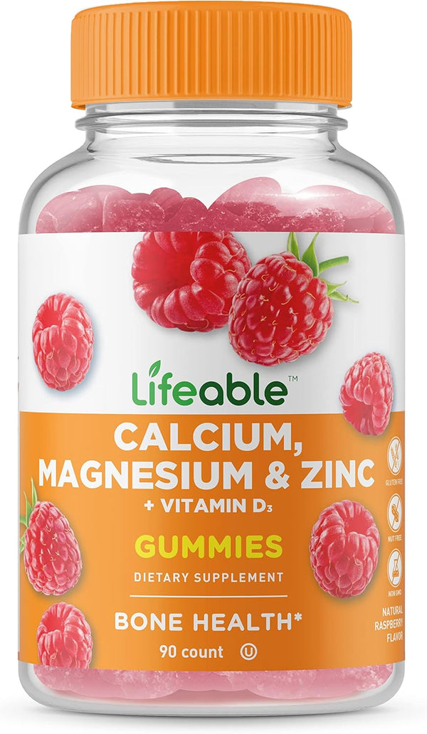 Lifeable Gummies - Calcium, Magnesium, Zinc & Vitamin D - Natural Flavor, Gluten Free, 90 Count - Bone Health for Adults