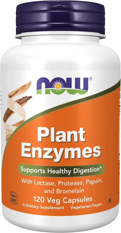 NOW Supplements Plant Enzymes, 120 Veg Capsules, with Lactase, Protease, Papain, and Bromelain