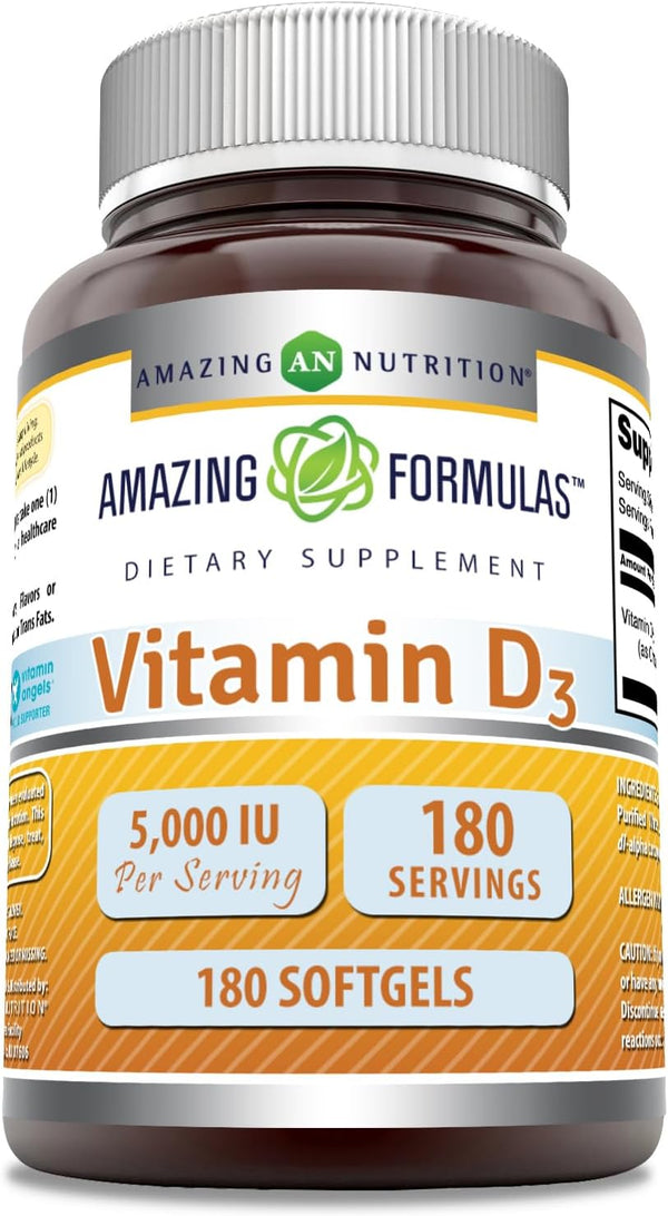 Amazing Formulas Vitamin D3 Cholecalciferol Supplement | 5000 IU Softgels, Non-GMO, Gluten-Free, 180 Count