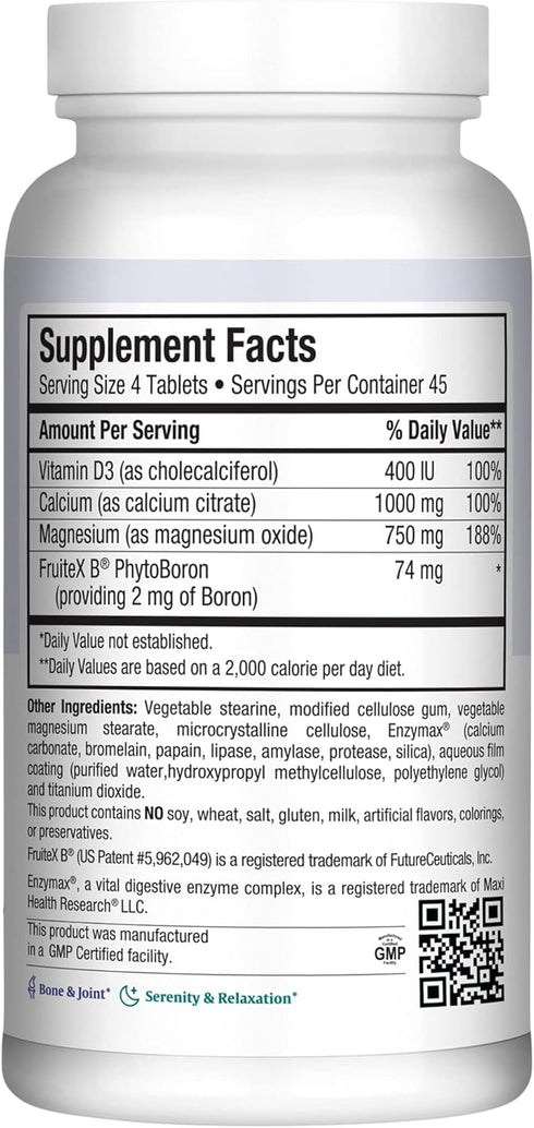 Maxi Health Calcium Magnesium Supplement with Vitamin D3 & Boron | 180 Tablets | Kosher Bone Health & Nighttime Formula