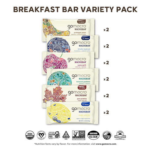 Pack, 12 Count GoMacro Macrobar Organic Vegan Protein Bars, Breakfast Variety