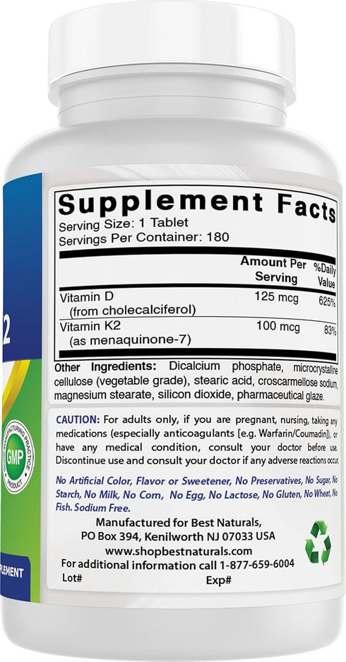 Best Naturals Vitamin K2 (MK7) with D3, 180 Tablets for Bone & Heart Health (5000 IU D3 & 100 mcg K2 MK7)