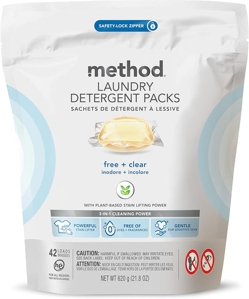 Method Laundry Detergent Packs, Free + Clear, 42 Count, 1 pack, Packaging