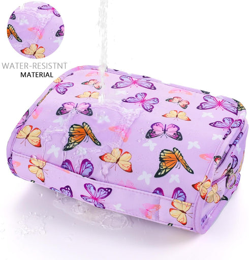 Kids Hanging Toiletry Bag for Girls, Waterproof Travel Makeup Bag for Little Young Girls, Butterfly Purple