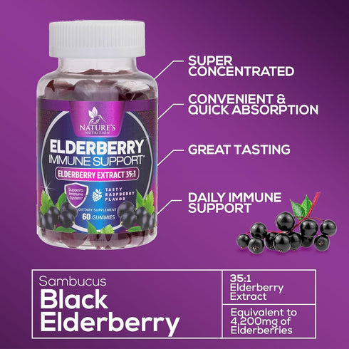 Sambucus Elderberry Immune Gummies - Daily Support for Kids & Adults - 60 Gummies, 35:1 Extract Equivalent to 4200mg