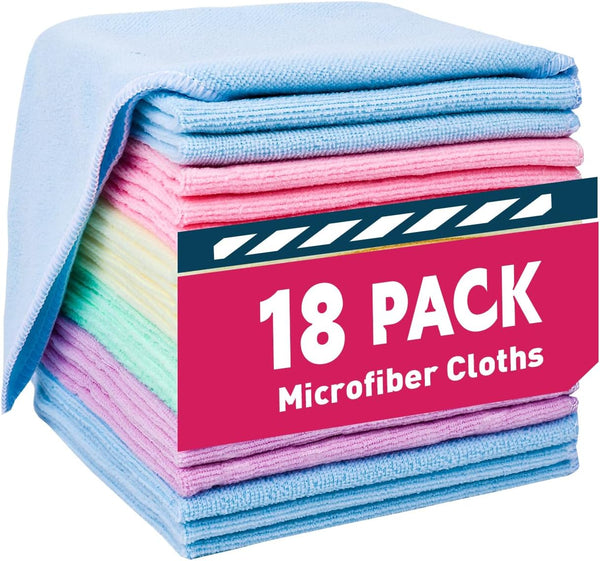 Microfiber Cleaning Cloth - 18 Pack Reusable Lint-Free Towels for Home, Car, 5 Colors Assorted (12x12 inches)