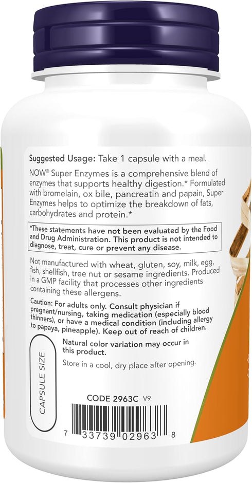 Super Enzymes by NOW Foods Supplements, Formulated with Bromelain, Ox Bile, Pancreatin, Papain, 90 Capsules