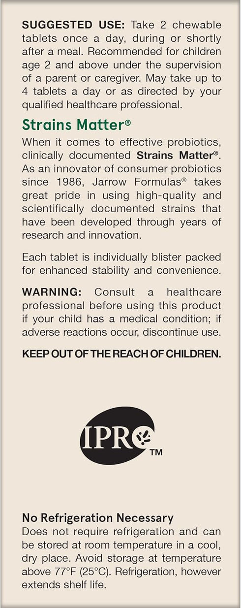 Jarrow Formulas Jarro-Dophilus Kids Probiotics, 60 Sugar-Free Raspberry-Flavored Chewable Tablets, 1 Billion CFU