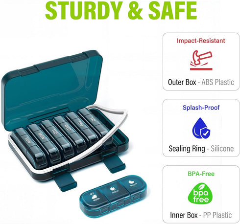 Vikie 3 (3x7 Weekly Pill Organizer Times a Day, Morn NOON Night, BPA-Free, Portable & Moisture-Proof for Pills