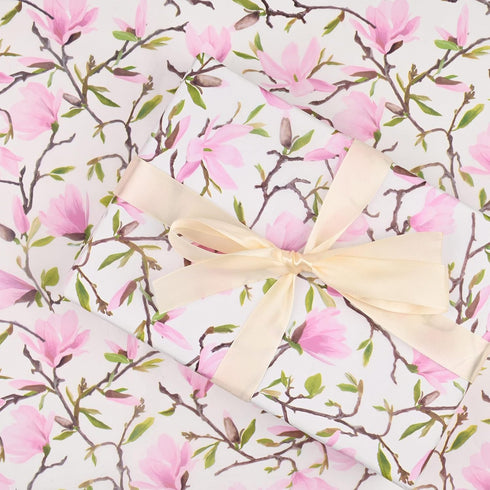 100 Sheets Pink Magnolia Flowers Printed Tissue Paper, Floral Pattern and Leaves Art Decorative Tissue for Gift Wrapping