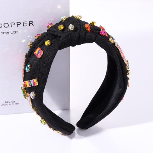 Teacher Headband Accessories, Colorful Rhinestone Crystal Jeweled Black Wide Top Knot FRI-YAY TEACHER Charm