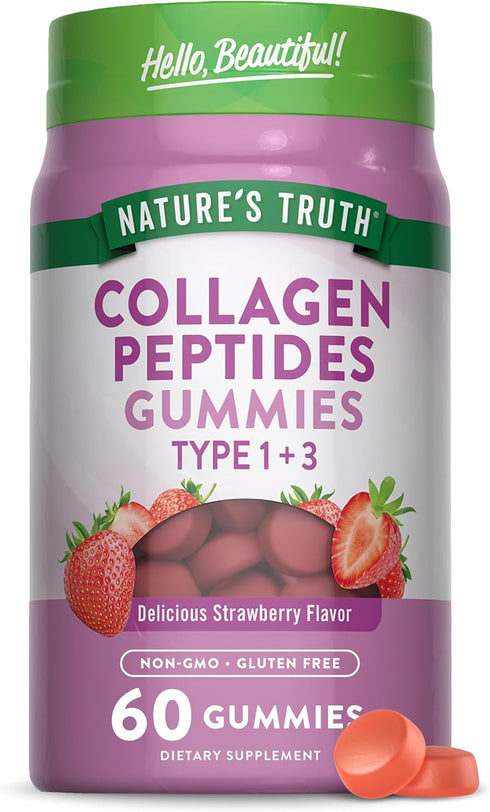 Nature's Truth Collagen Gummies for Women - 60 Count Type 1 and 3, Strawberry Flavor, Non-GMO, Gluten Free