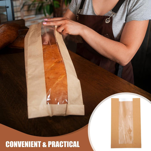 OFFIGAM 50pcs Packaging Kraft Paper Bakery Bread Bags with Window Large Size Greaseproof Food Storage Pouches