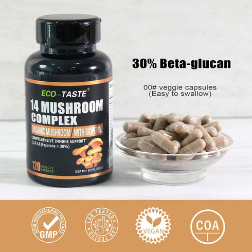 14 Mushrooms Supplement 120 Capsules - Immune System Booster & Nootropic Brain Supplement with Black Pepper