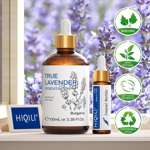 HIQILI Lavender Essential Oil 100ML Pure for Aromatherapy Diffuser, Hair, includes Premium Glass Dropper - 3.38 Fl Oz