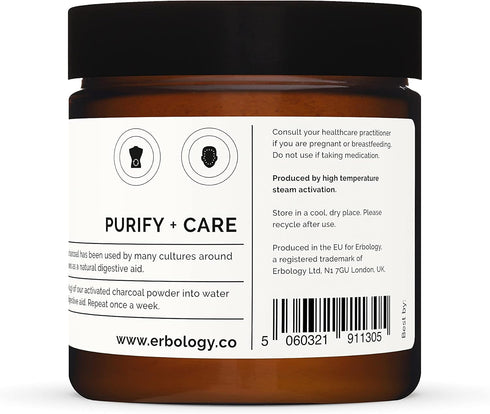 Erbology Activated Charcoal Powder 1.8 oz for Teeth Whitening, Natural Digestive Aid, Vegan, Recyclable Glass Jar
